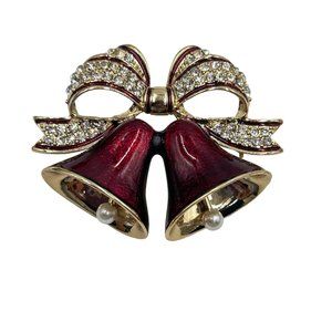 Christmas Bells Pin Brooch Gold Tone Red Enamel and Rhinestones Holiday Jewelry